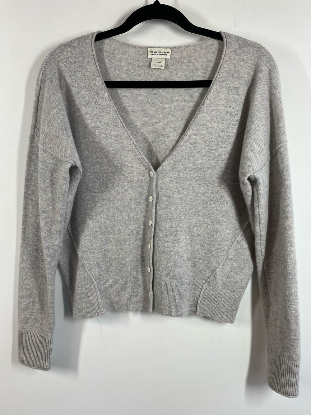 Club Monaco Recycled Cashmere Cardigan Grey XS Quiet Luxury Minimalist Cozy Chic